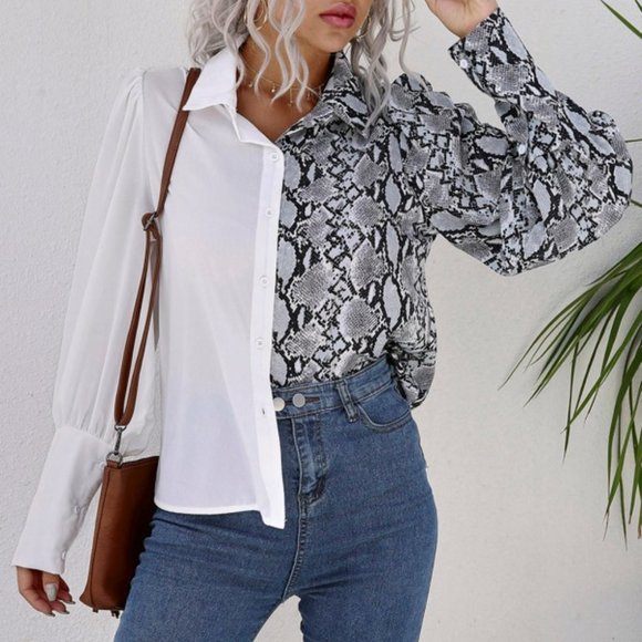 Snakeskin Print Button Through Bishop Sleeve Blous - Picture 6 of 6